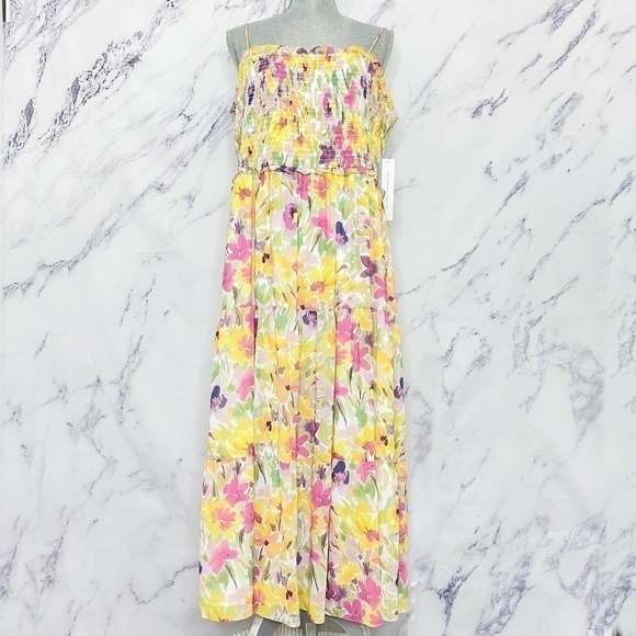 ML Monique Lhuillier | Blooming Field Smocked Midi Dress | Sz 16 - Picture 1 of 11